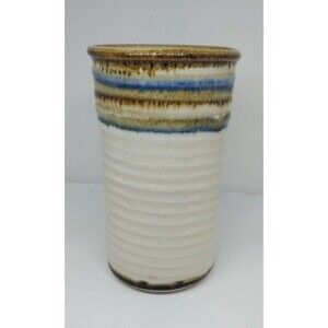 Glazed Pottery ribbed Vase Stoneware Crock Utility Holder Country Farmhouse 8"